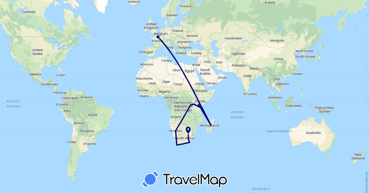 TravelMap itinerary: driving in France, Kenya, Lesotho, Madagascar, Namibia, Rwanda, Tanzania, South Africa (Africa, Europe)