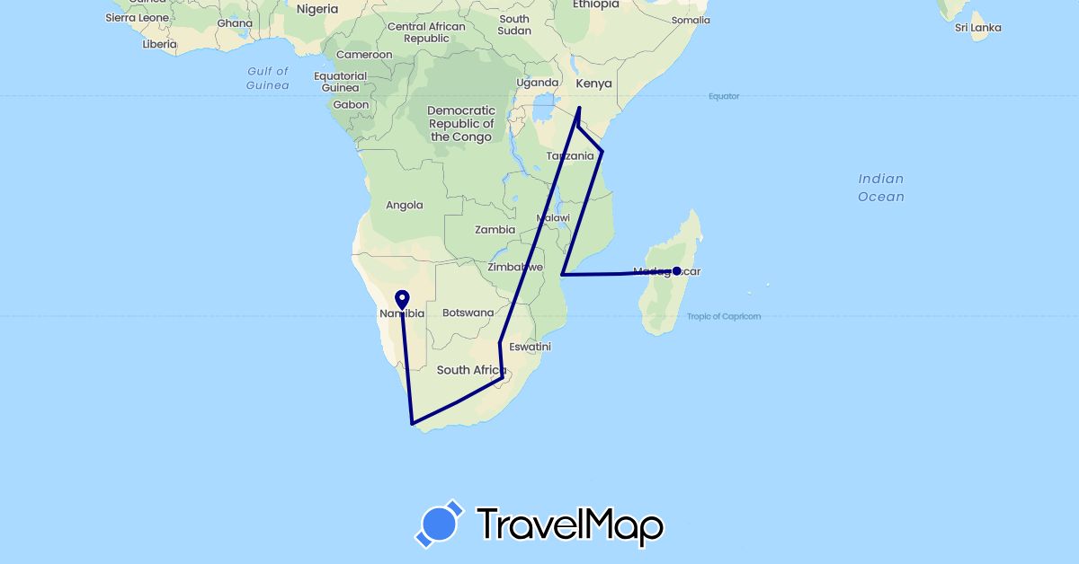 TravelMap itinerary: driving in Kenya, Lesotho, Madagascar, Mozambique, Namibia, Tanzania, South Africa (Africa)